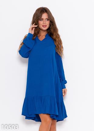 Синее крепдешиновое платье с воланом, размер L