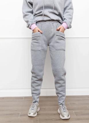Светло-серые утепленные флисом брюки с карманами, размер XXL