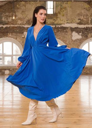 Синее приталенное платье с рукавами-фонариками, размер S