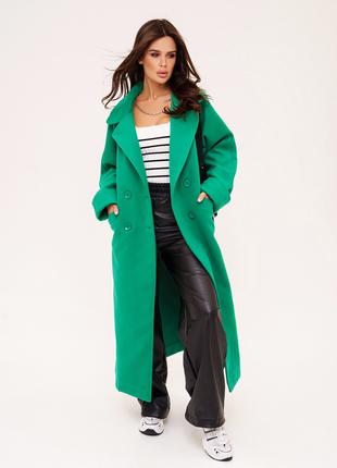 Зеленое кашемировое пальто с разрезами, размер M
