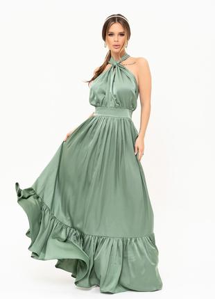 Оливковое шелковое длинное платье с открытой спиной, размер S