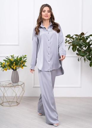 Сірий шовковий костюм у піжамному стилі, розмір S
