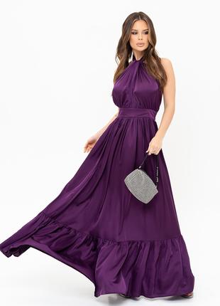 Фиолетовое шелковое длинное платье с открытой спиной, размер S