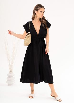 Черное льняное платье с декольте, размер S