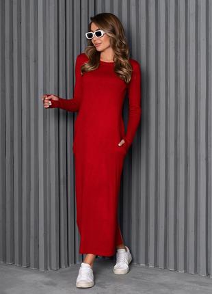 Красное длинное платье с карманами и разрезом, размер S