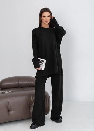 Черный ангоровый костюм с кофтой и широкими штанами, размер S