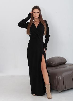 Черное ангоровое длинное платье с разрезом и капюшоном, размер S