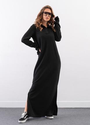 Черное длинное платье с воротником-поло, размер S