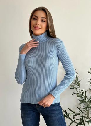 Голубой фактурный свитер с высоким горлом, размер S