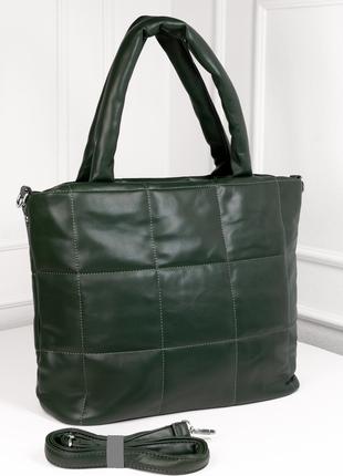 Вместительная дутая сумка из зеленой эко-кожи, размер Universal