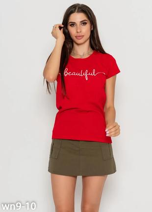 Красная хлопковая футболка с блестящей надписью, размер S