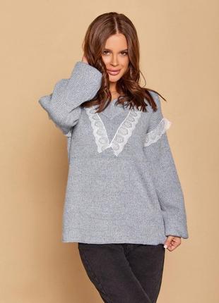 Сірий вовняний пуловер з мереживом, розмір M