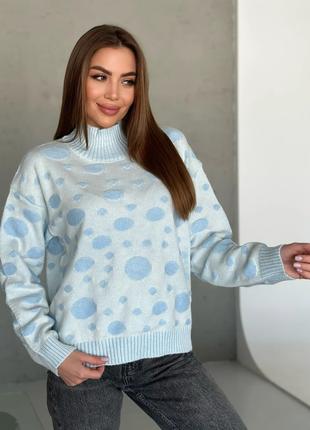 Синий вязаный свитер в горох, размер S