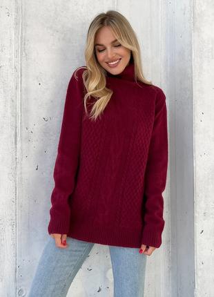 Бордовый свитер объемной вязки с высоким горлом, размер XL