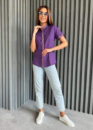 Фиолетовая рубашка из льна с вышивкой, размер S