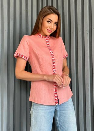 Розовая рубашка из льна с вышивкой, размер S