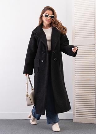 Черное пальто из букле с накладными карманами, размер S