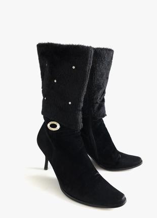 Чорні зимові замшеві чоботи на низькій шпильці lihuani