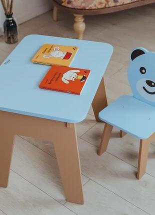 Детский стол с ящиком + стульчик для учебы и игры (Синий с миш...
