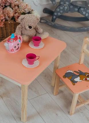 Детский стол с ящиком и стул для учебы (Розовый) Зайчик