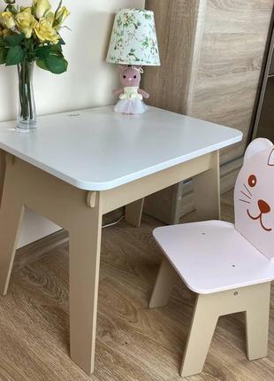 Детский стол с ящиком + стульчик для учебы и игры (Белый с миш...