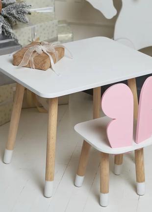 Детский прямоугольный столик (Белый) и стульчик Бабочка (Розовая)