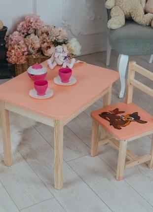 Детский стол с ящиком и стул для учебы (Розовый) Олень