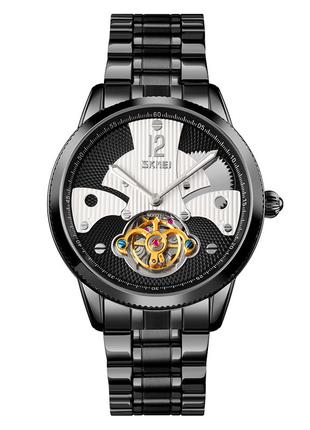 Мужские часы скелетон Skmei 9205 механические (Черные с белым)