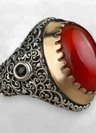 Мужское женское кольцо перстень серебристый с большим красным ...