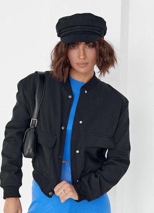 Женская куртка-бомбер с накладными карманами - черный цвет, m ...