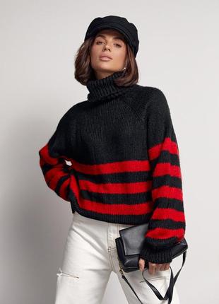 Вязаный женский свитер в полоску - красный цвет, l (есть размеры)