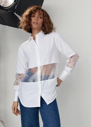 Удлиненная женская рубашка с прозрачными вставками - белый цве...