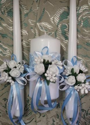 Голубой комплект свадебных свечей "Букет"