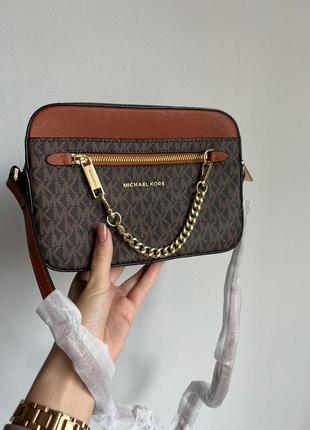 Женская сумка michael kors jet set large logo crossbody bag brown