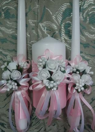 Рожевий комплект весільних свічок сімейне вогнище "Букет"
