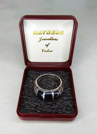 Винтажное, серебряное кольцо с черным агатом и марказитом