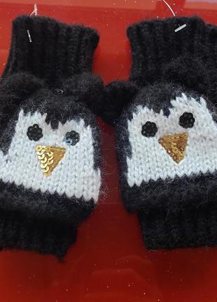 Детские вязаные варежки рукавички пингвины открывающиеся пальц...