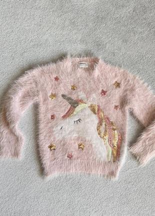Розовый пудровый пушистый свитер травка с пайетками с единорогом