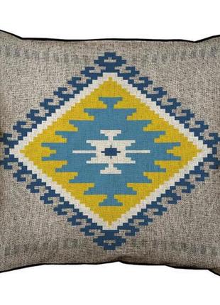 Подушка с мешковины желто-голубой навахо орнамент на сером фон...