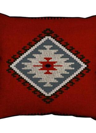 Подушка с мешковины серый навахо орнамент на красном фоне 45x4...