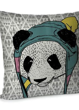 Подушка диванная с бархата панда в шапке 45x45 см (45bp_tfl075)