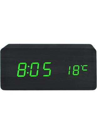 Настольные часы vst-862 с термометром черное дерево (зеленая п...
