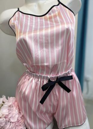 Пижама женская комплект розовый с полосками