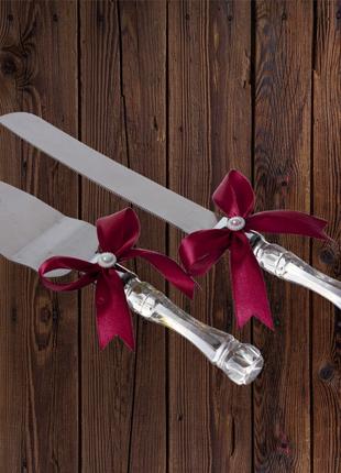Набор нож и лопатка для свадебного торта (бордовый цвет) Код/А...