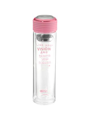 Бутылка-термос стеклянная с ситечком для заварки розовая Код/А...