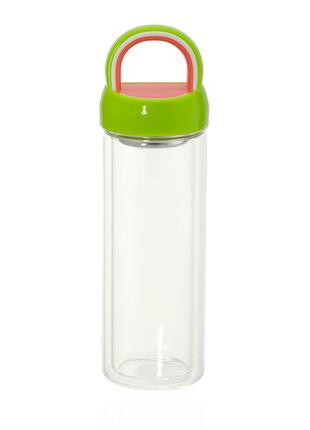Бутылка-термос стеклянная с ситечком для заварки зеленого цвет...