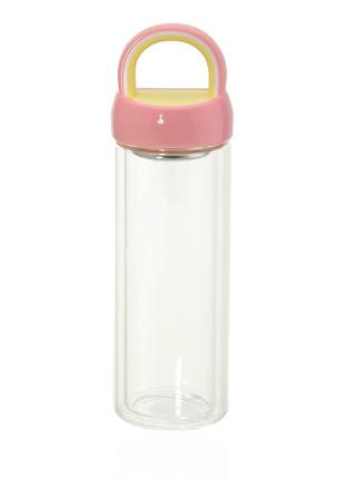 Бутылка-термос стеклянная с ситечком для заварки розового цвет...