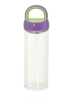 Бутылка-термос стеклянная с ситечком для заварки фиолетового ц...