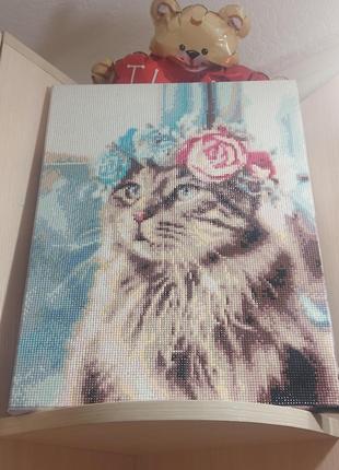 Готова картина алмазної мозаїки "Кошка" на підрамнику 30×40 см