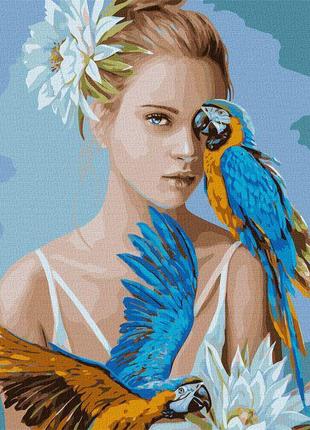 Картина по номерам Идейка Девушка с голубыми попугаями ©Ira Vo...